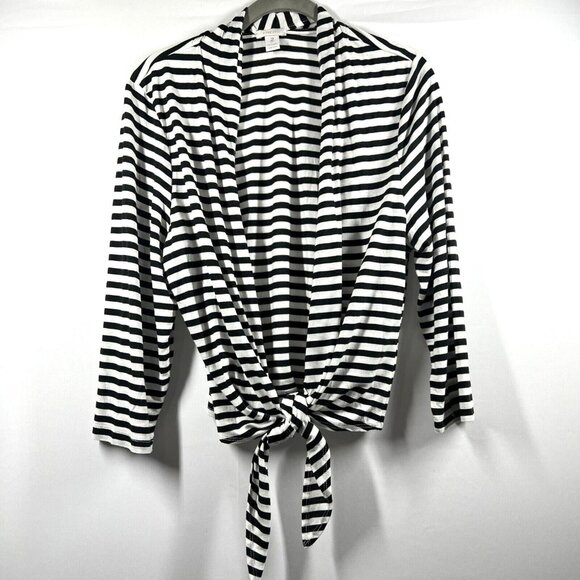 Chicos Women's Cardigan Size Large Black White Stripe Tie 3/4 Sleeve Rayon Blend - Picture 1 of 5